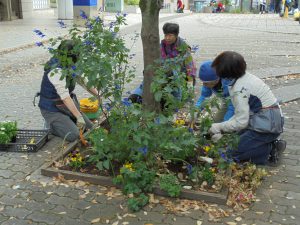 落ち葉を取りながら手入れ